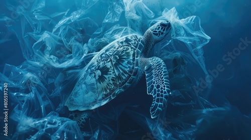 A heartbreaking image of a sea turtle entangled in a plastic bag  symbolizing the devastating impact of plastic pollution on marine life