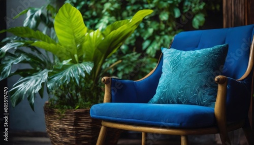 an image featuring a detailed close up of a blue chair adorned with a matching blue pillow and a vibrant green plant
