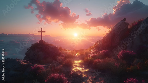 jesus christ cross easter resurrection concept christian cross on a background with dramatic lighting colorful mountain sunset dark clouds 