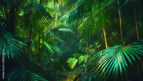 beautiful green jungle of lush palm leaves palm trees in an exotic tropical forest tropical plants nature concept for panorama wallpaper selective sharpness