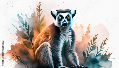 lemur sitting watercolor illustration painting of forest animal on white background photo