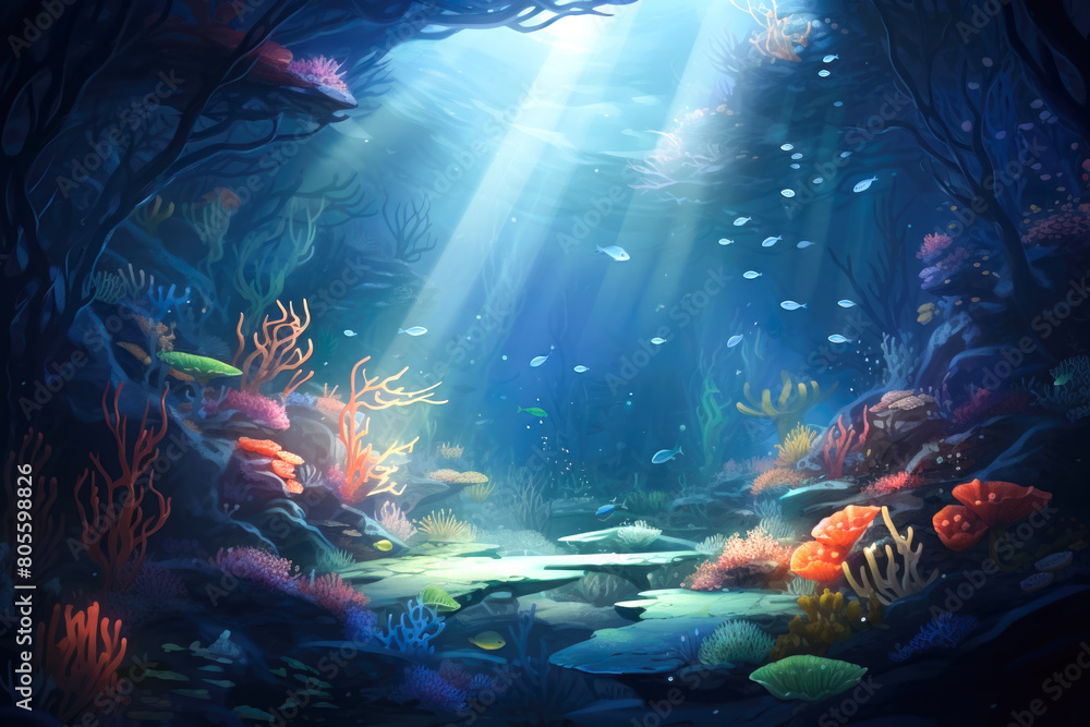 An enchanting image capturing the ethereal beauty of underwater flares casting rays of light, adding a magical touch to the aquatic environment.