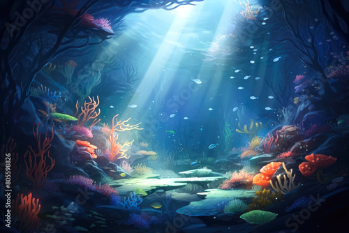  An enchanting image capturing the ethereal beauty of underwater flares casting rays of light  adding a magical touch to the aquatic environment.