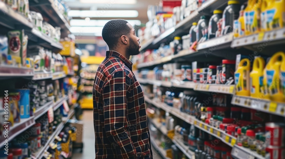 A man browses through neatly organized shelves in a grocery store, examining auto parts options