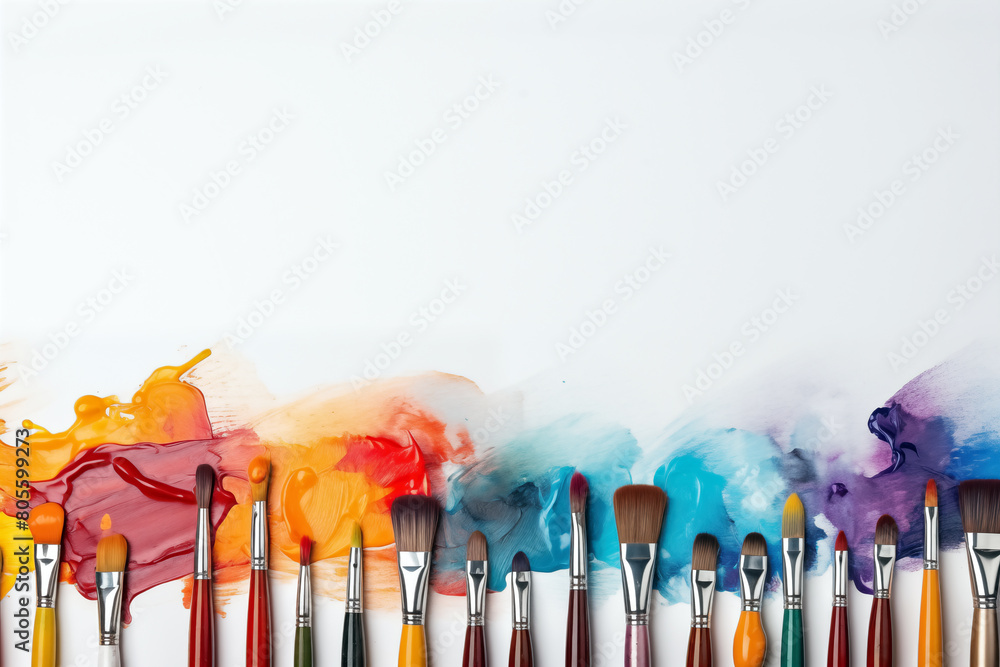 Paint brushes and paints on a white background with copy space. Paint brushes and paints on a white background with copy space.