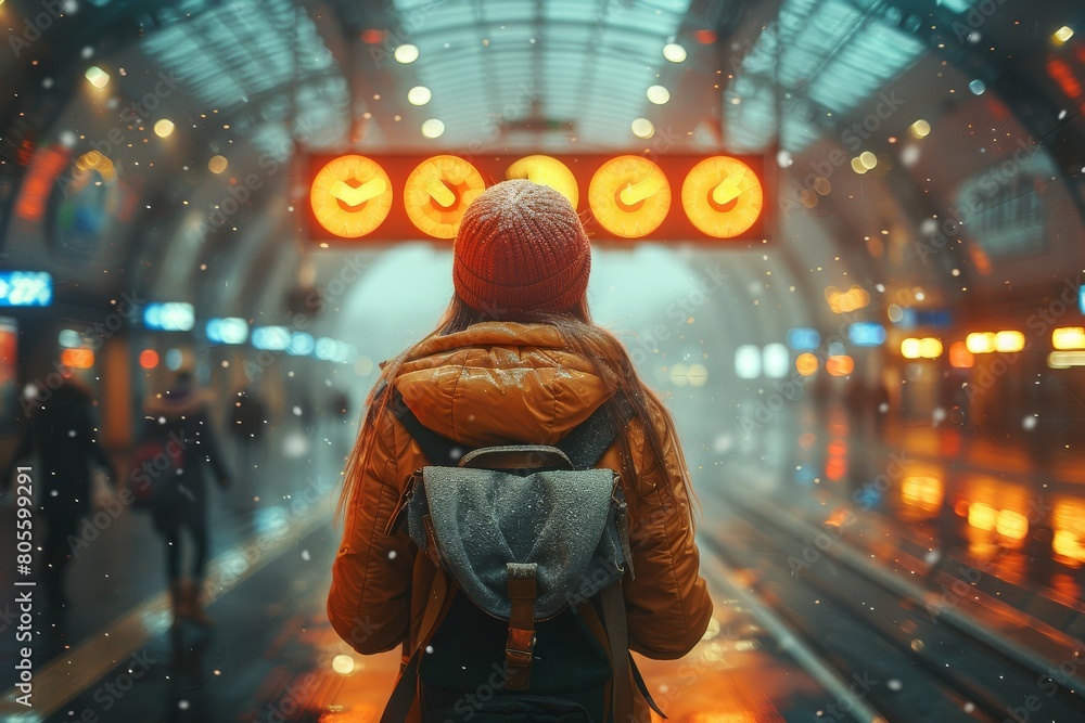 An individual stands enraptured by glowing departure clocks in a bustling train station, as time ticks in the journey's favor