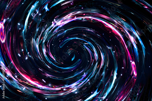 Hypnotic neon galaxy swirls moving through the darkness. Abstract art on black background.