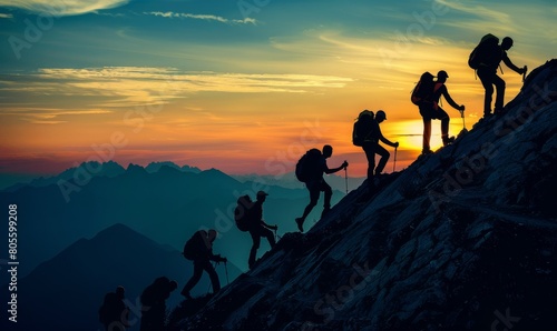 Group of people helping each other reach the top of mountain, symbolizing team unity and support during an adventure or business project.