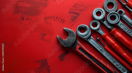 Various Tools Scattered on Red Surface photo