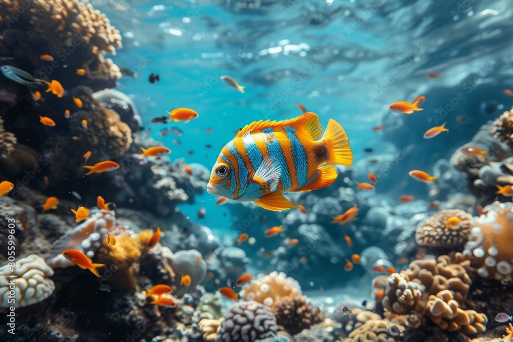 A close-up view of a vibrant orange and white-striped fish swimming in a healthy, thriving coral reef ecosystem A close-up view of a vibrant orange and white-striped fish swimming in a healthy, thriving coral reef ecosystem
