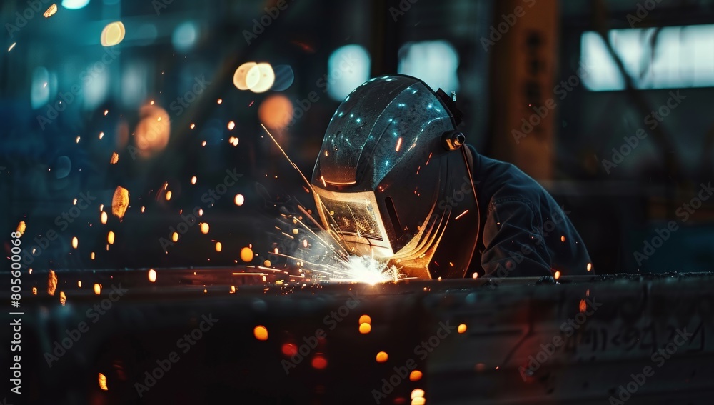 A helmet welding in sparks and light in a dark factory, a worker using a gas metal beam on an industrial machine for a construction industry background A helmet welding in sparks and light in a dark factory, a worker using a gas metal beam on an industrial machine for a construction industry background