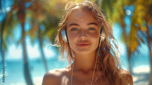 Woman With Headphones Standing in Front of Palm Trees