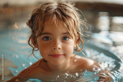 Close-up of a young girl with blue eyes and wet hair enjoying time in a swimming pool © Larisa AI