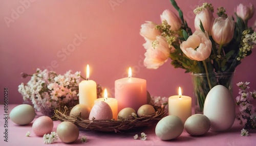 festive ambiance with easter decorative eggs candles and spring flowers on a pink background
