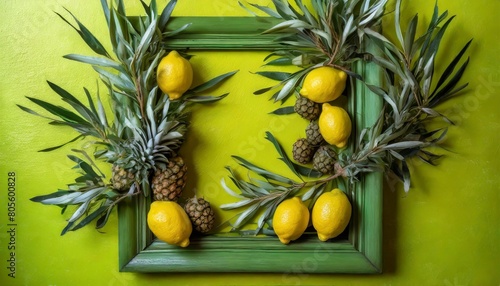 a green rectangle picture frame with lemons olive branches and ananas on a yellow background the font is bright green adding a pop of color to the room