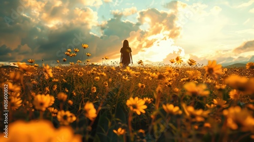 A person standing in a field of yellow flowers, reminiscing about a cherished childhood memory. Summer flower. photo