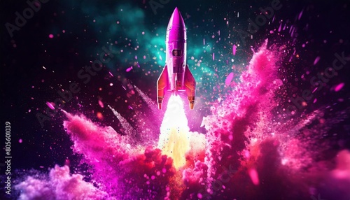 vibrant rocket launch creatively depicted with a burst of pink particles