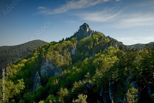 Spring green mountain landscape with unique rock towers. View of a green valley with forests and rocks. The Sulov Rocks, national nature reserve in northwest of Slovakia, Europe.