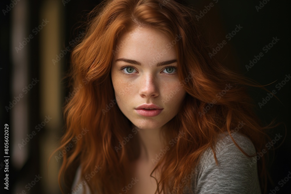 A woman with red hair and green eyes is standing in front of a window A woman with red hair and green eyes is standing in front of a window