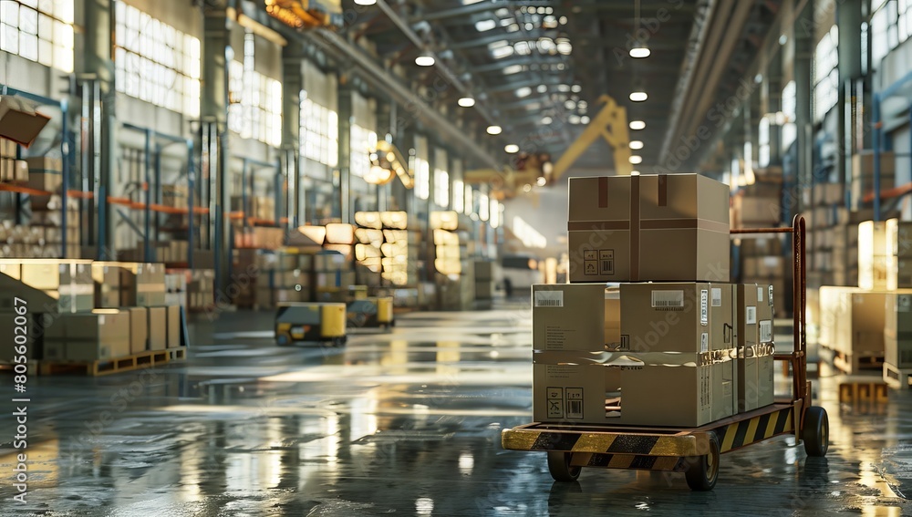 Large warehouse with pallets of boxes and cranes, ready for shipping in the background. Large warehouse with pallets of boxes and cranes, ready for shipping in the background.