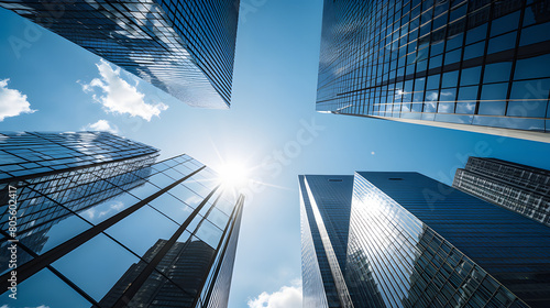 business and financial skyscraper buildings concept.Low angle view and lens flare of skyscrapers modern office building city in business center with blue sky