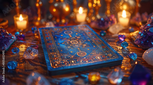 Close-up of a tarot card being placed on a table, with candles and crystals in the background photo