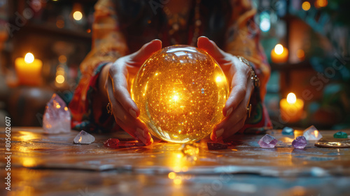 Close-up of a tarot card being placed on a table, with candles and crystals in the background photo