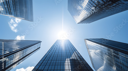 business and financial skyscraper buildings concept.Low angle view and lens flare of skyscrapers modern office building city in business center with blue sky