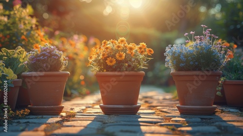 Row of Potted Plants on Wooden Table