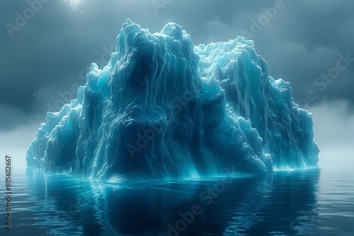 A serene depiction of a single iceberg afloat amidst calm sea under a dimly lit sky, conveying stillness photo