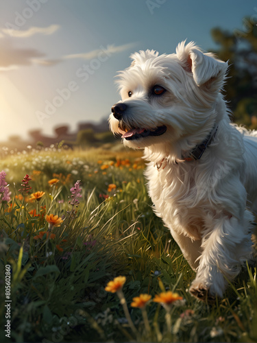 white Maltese dog running through a grassy meadow surrounded by greenery and wildflowers