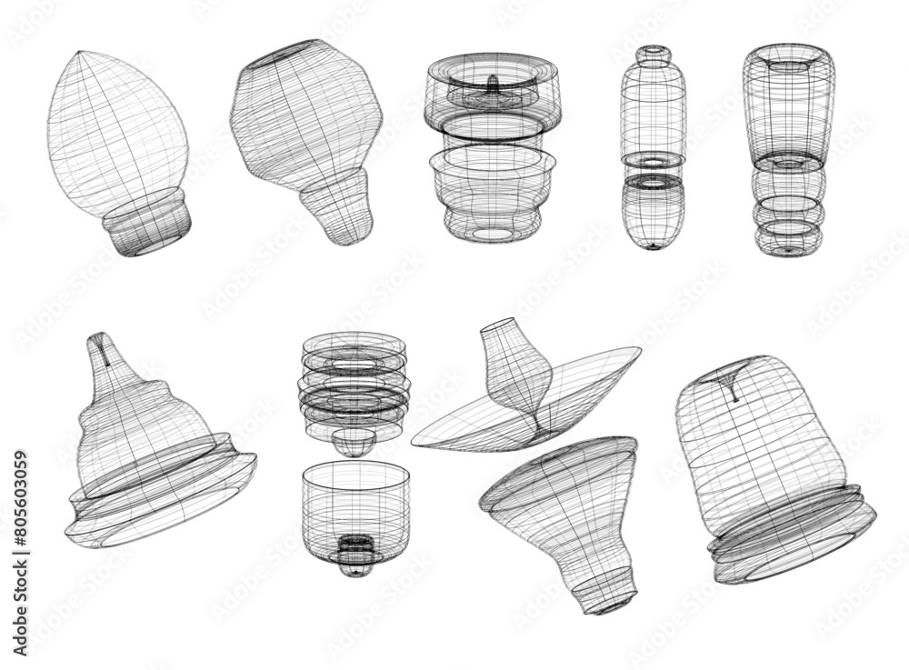 Geometry wireframe shapes and grids in black color. 3D bulb , white backgrounds, patterns, cyberpunk elements in trendy psychedelic rave style. 00s Y2k retro futuristic aesthetic Geometry wireframe shapes and grids in black color. 3D bulb , white backgrounds, patterns, cyberpunk elements in trendy psychedelic rave style. 00s Y2k retro futuristic aesthetic