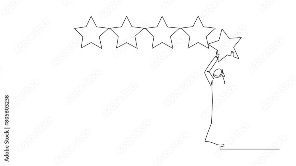 Animated self drawing of single continuous line drawing Arabian man holding up a star with both hands and pasting it up to make 5 stars in a row. Give best review. Full length single line animation Animated self drawing of single continuous line drawing Arabian man holding up a star with both hands and pasting it up to make 5 stars in a row. Give best review. Full length single line animation