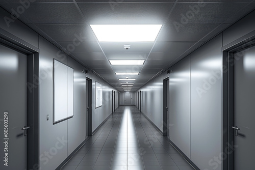 Minimalist office corridor with sleek design and bright lighting  ideal for corporate and modern architecture themes.