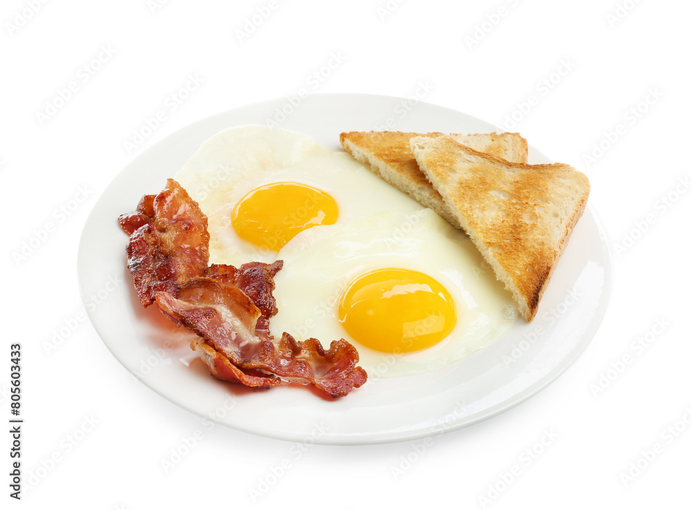 Delicious breakfast with sunny side up eggs isolated on white Delicious breakfast with sunny side up eggs isolated on white