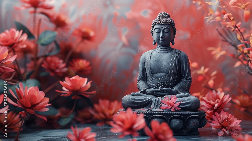 Buddha Statue Sitting Amid Red Flowers