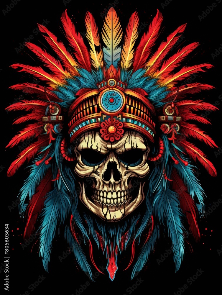 Skull Donning Traditional Indian Chieftain Headdress