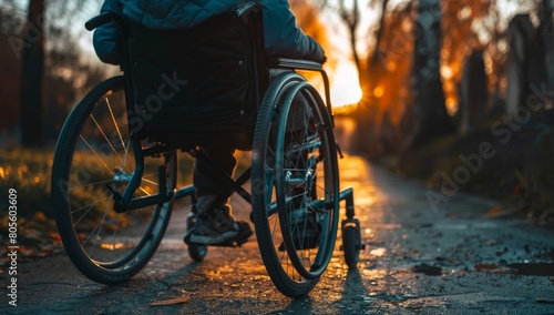 Person in a wheelchair facing away from the camera, outside at sunset.