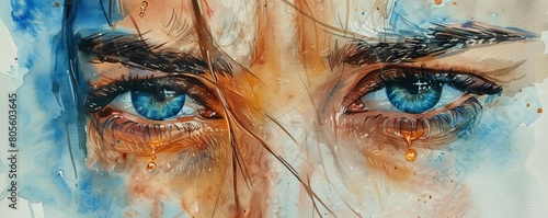 Capture a heart-wrenching moment at eye-level angle, tears glistening, showcasing raw anguish in exquisite detail with watercolor strokes that evoke deep emotion