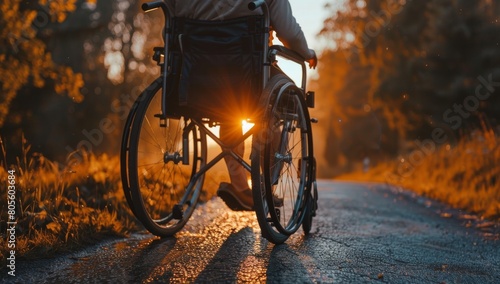Person in a wheelchair facing away from the camera, outside at sunset. © DWN Media