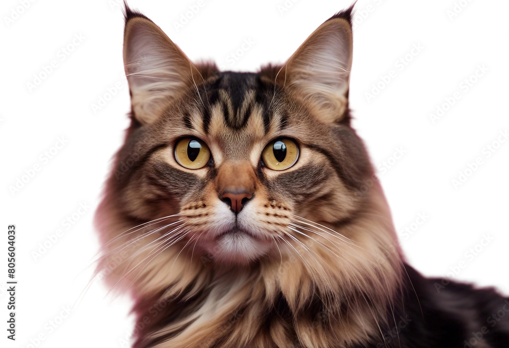 Portrait of a curios long haired black and tan tabby cat with bright yellow eyes looking at viewer isolated on transparent background