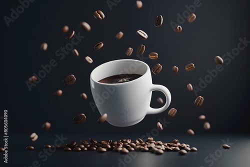 Modern Coffee Cup Design with Floating Coffee Seeds - Dynamic Stock Photography for Creative Beverage Concepts and Dark Background Themes