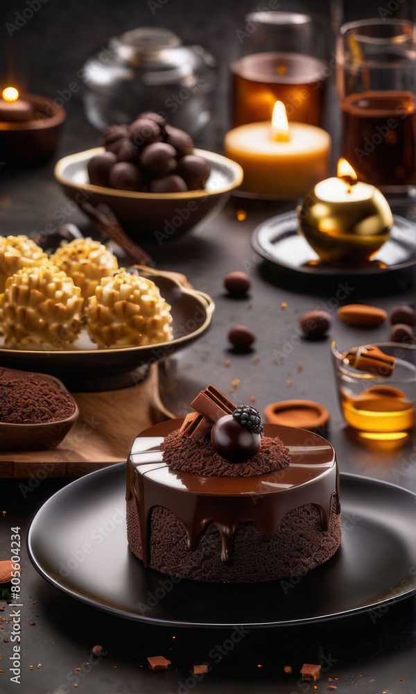 Decadent piece of chocolate cake oozing with rich, velvety chocolate sauce, tempting you with its irresistible sweetness. For recipe websites, cookbooks, dessert advertisements, cafe, culinary blog.