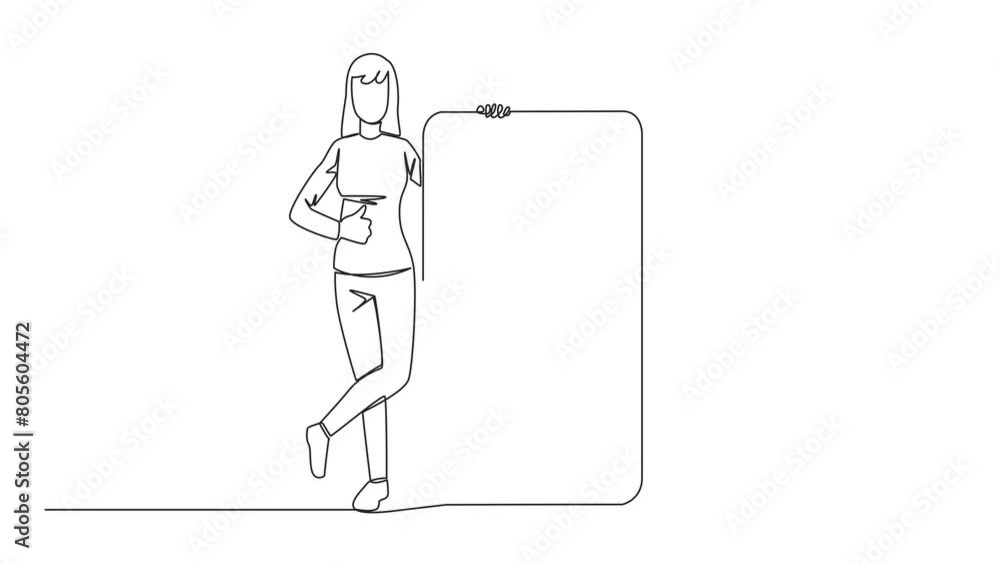 Self drawing animation of single one line drawing young happy smiling woman stands casually next to a large smartphone, other hand giving a thumbs up gesture. Give review 5 star. Full length animated Self drawing animation of single one line drawing young happy smiling woman stands casually next to a large smartphone, other hand giving a thumbs up gesture. Give review 5 star. Full length animated