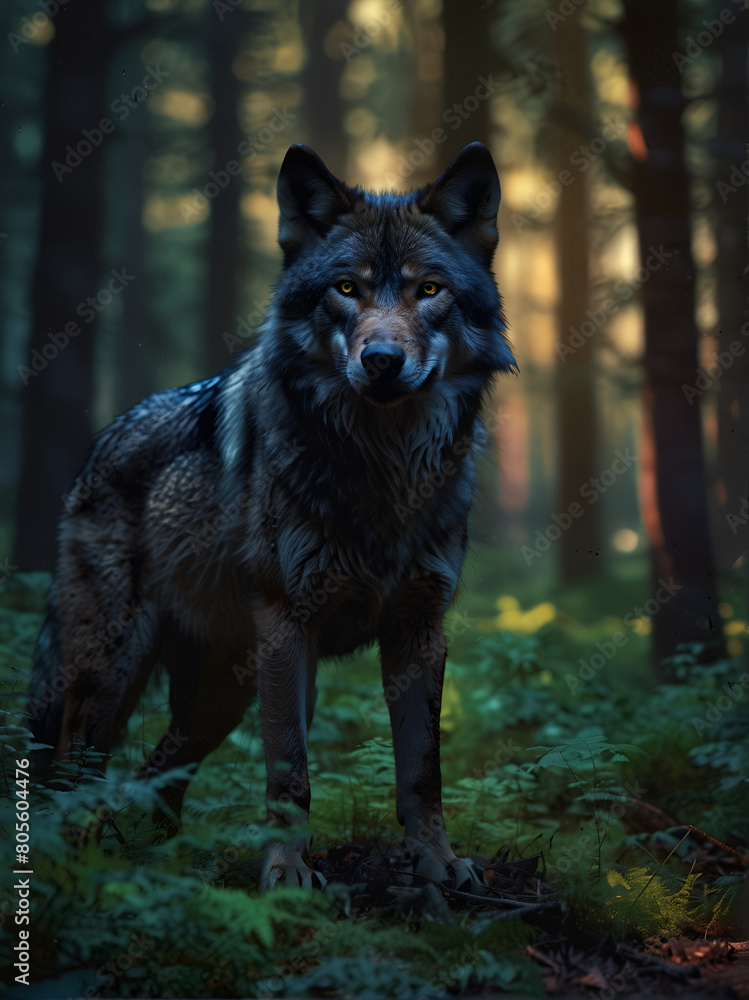 Fototapeta premium A wolf in the forest among the trees and bushes