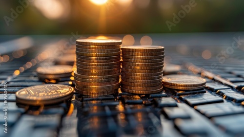 Stack of Coins on Computer Keyboard