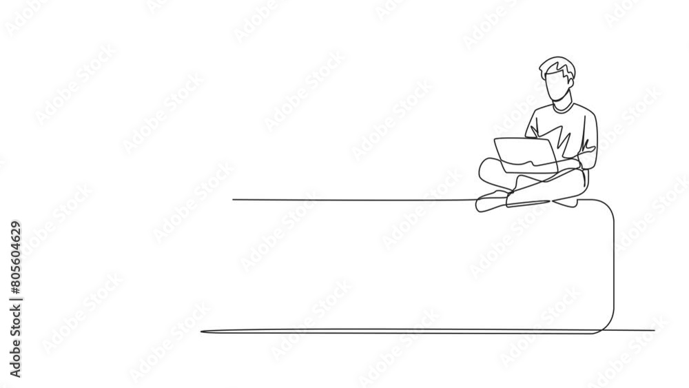 Animated self drawing of continuous line drawing young energetic happy man sitting on rating board typing laptop computer. Give 5 stars and a very satisfying review. Full length single line animation Animated self drawing of continuous line drawing young energetic happy man sitting on rating board typing laptop computer. Give 5 stars and a very satisfying review. Full length single line animation