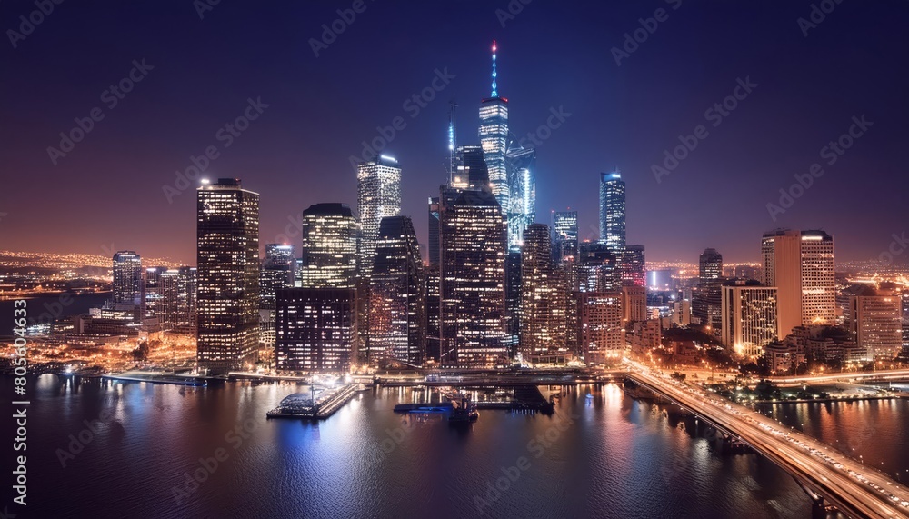 Panoramic night view of a bustling city skyline illuminated by lights