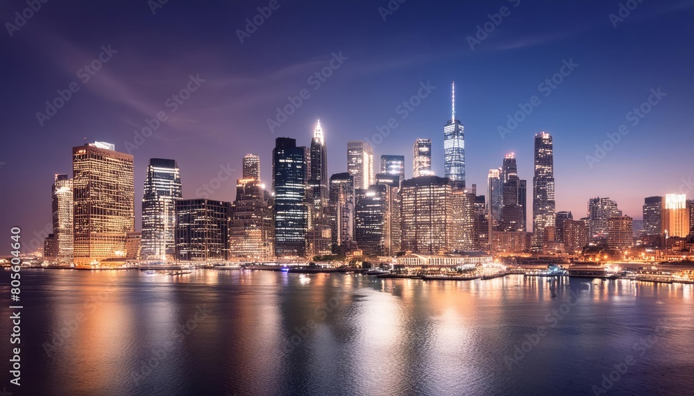 Twilight panorama of urban skyline by waterfront Twilight panorama of urban skyline by waterfront