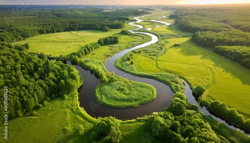 Serpentine river through lush green landscape